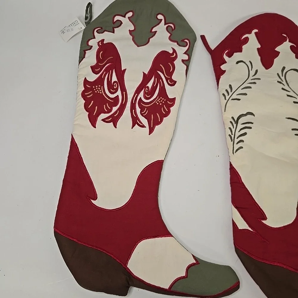Green And White Cream Stocking Cowboy Boot Christmas  Country‎ Western Lot Of 2